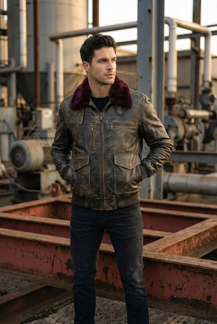Vicolo — Distressed Leather Bomber Jacket