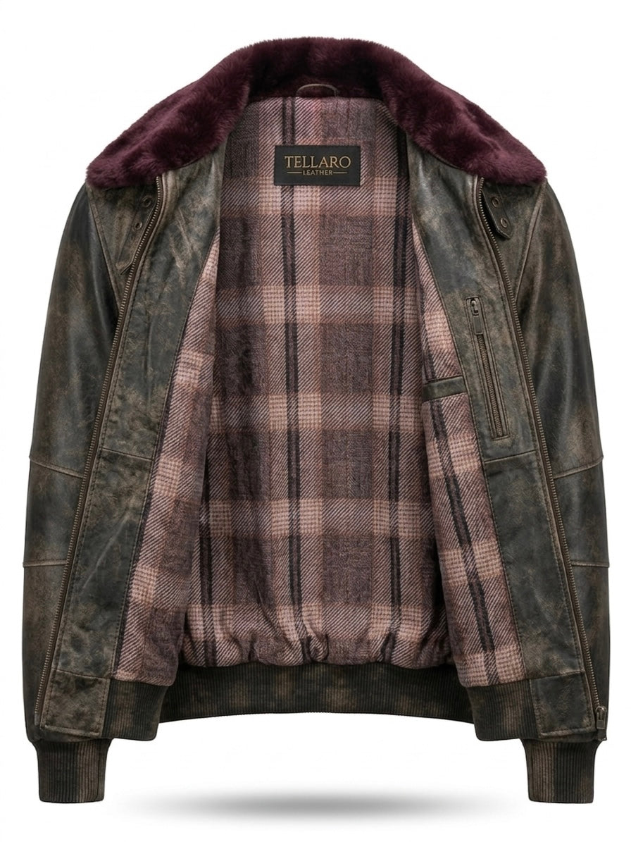 Vicolo — Distressed Leather Bomber Jacket