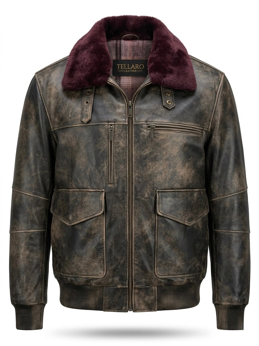 Vicolo — Distressed Leather Bomber Jacket
